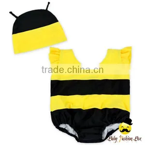 Kids Cute Unisex Remake Props Bee Cosplay Yellow And Black Flutter Sleeve One Piece Beach Clothes With Cap 2pcs Swimwear thumbnail-6