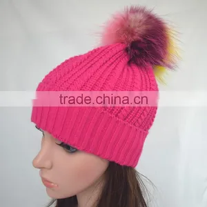 Myfur Rose Color Girls Winter Wool Hat With Removable Raccoon Fur Pom Pom thumbnail-1
