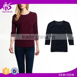 2017 Hot Selling Guangzhou Shandao New Style Women Autumn Casual Wine Red 3/4 Sleeve Round Neck Embroidered Rayon Tops thumbnail-1