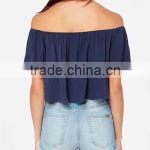 2017 Wholesale Womens Custom off Shoulder Ruffle Top Solid Color thumbnail-3