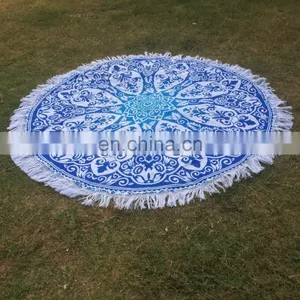 72" Indian Hippie Blue Ombre Mandala Round Roundie Tapestries Hippy Boho Gypsy Cotton Wholesale Round Beach Throw Yoga Mat thumbnail-2