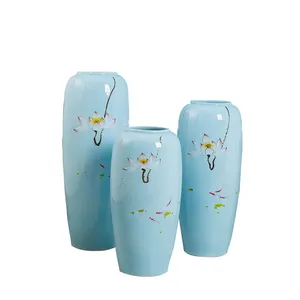 Hand Paint Countryside Style Lotus Flower Large Blue Ceramic Vase Decoration For Wedding Gift thumbnail-5
