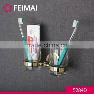 Simple Design Brass Gold Finished Double Tooth Brush Glass Holder thumbnail-1