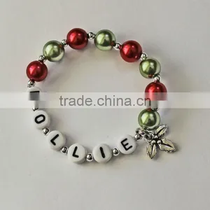 Holly Berry Charm Bracelet, Personalized Name Bracelet, Party Bracelet for Child Kids,little Girl's Pearl Bead Christmas Jewelry thumbnail-1