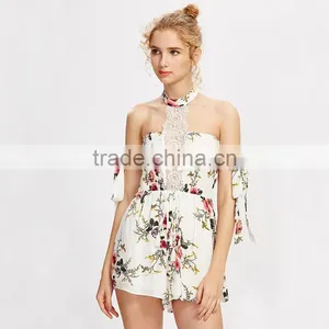 Polyester White Ladies Jumpsuit, Floral Print Contrast Lace Playsuit thumbnail-3
