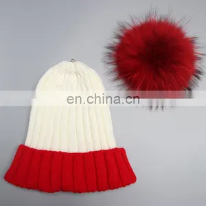 Stock Hat Fashion Winter Real Big Raccoon Fur Ball Knitted Beanie Hat thumbnail-6