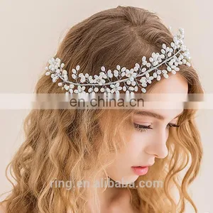 Crystal Pearl Hair Crown Tiaras Silver Leaves Headbands for Women thumbnail-1