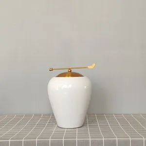 New Chinese Light Luxury Large White Ceramic Flower Vase With Metal Cap For Living Room Decor thumbnail-3