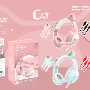 G19 Pink Cat Ear Cute Girl Gaming Headset With Mic Noise Reduction Foldable Stereo Music Helmet RGB Flash Wired Headphone thumbnail-3