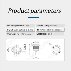 Ip67 19mm Flat Head 1 Normally Open and 1 Normally Close 250v Push Button Momentary Switch thumbnail-3