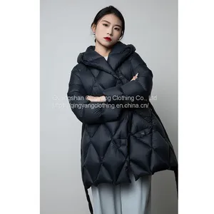 2023 High Quality Wholesale Quilted Hooded Down Padded Jacket With Belt Winter Coats for Women thumbnail-2