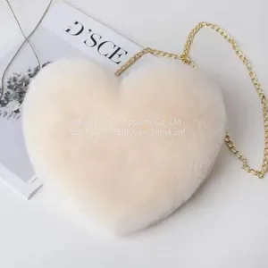 012New Plush Faux Fur Winter Tote Chain Crossbody Bag Small Cute Heart Sharp Tote Pink Red Black Purse thumbnail-5