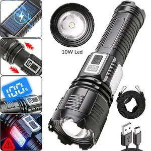 Wholesale Solar Powered Rechargeable LED Flashlight 800M Long Range 3600mAh Power Bank Telescopic Zoom Torch With Side Warning Light thumbnail-1