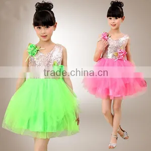 In-stock Children Princess Modern Dance Costume Sequin Dance Costume School Girls( Pink , Green, Orange) thumbnail-1