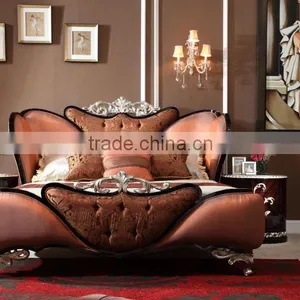 Neoclassic Design Double Bed Solid Wood Bed With Polishing Leather Convex Carve Flower AK-7073 thumbnail-1