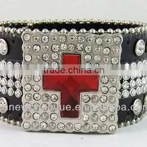 Newest High Quality Different Kinds Size Red Cross Rhinsetone Leather Bracelet thumbnail-1