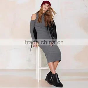 Plain Grey Slim Fit off Shoulder Long Sleeve Evening Dress thumbnail-4