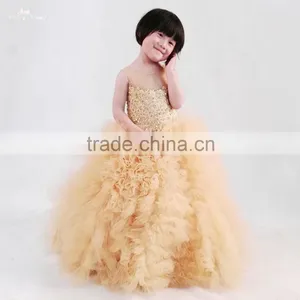 FG6 Real Sample Pictures Puffy Tulle Skirt Gold Flower Baby Girls Long Children Wedding Dresses thumbnail-1