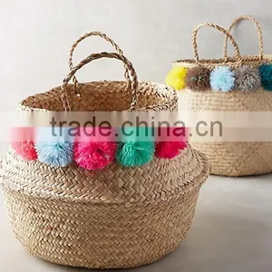 Colorful Pompom Seagrass Beach Bag With Handle thumbnail-6