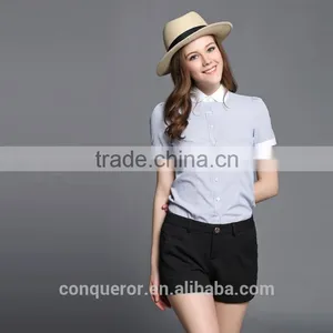 Ladies Fashion Short Sleeve Shirt Contrast Collar And Cuff Shirt thumbnail-2