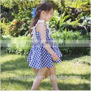 New Arrival Children Clothes Lace Trim Bule Plaid Kids Clothing Wholesale 100%cotton Baby Nice Dress thumbnail-4