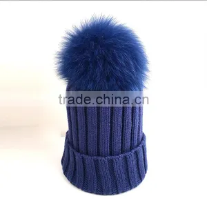 Myfur Royal Blue Classic Style Winter Knit Hat With Fox Fur Pom Pom thumbnail-1