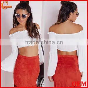 2015 New Style Long Sleeve Crop Top Wholsale off Shoulder Top thumbnail-1