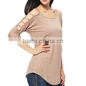 Women's 100% Cotton Comfort Colors TShirts in Bulk Hollowed Out Shoulder Three Quarter Sleeve thumbnail-4