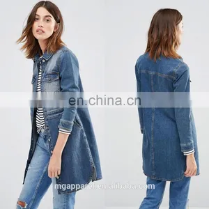 Stretch Denim Fabric Women Blue Long Jean Jacket Wholesale thumbnail-1
