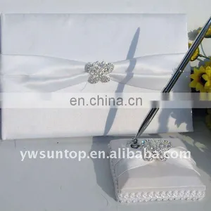 Pretty Butterfly Design With Rhinestone Decoration White Satin Wedding Guest Book thumbnail-1