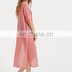 Tassel Tie Front Roll Sleeve Slit Beach Kimono thumbnail-5