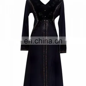 Black Colour Lycra Burkha With Black & Golden Diamond Stone Work / Embroidery Burkha For Casual Wear (dubai Abaya 2017) thumbnail-1