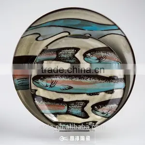 16-piece Reactive Glaze Stoneware Dinnerware Set With American Sea World Hand Printing thumbnail-2