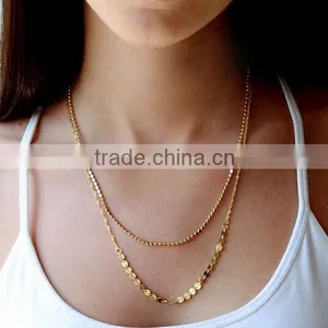 Gold Triangle Disk Layer Necklace Set and Delicate Gold Layer Necklace Set of 2 Layers thumbnail-2