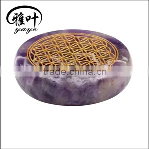 Wholesale Semi-precious Amethyst Stone Engraved Flower of Life Round Palm Stone Quality Choice thumbnail-2