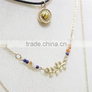Gold Chain Layered Necklace W/Blue & Tan Bead Gold Leaf & Bird Metal Necklace 2016 Fashion Style Wholesale thumbnail-3