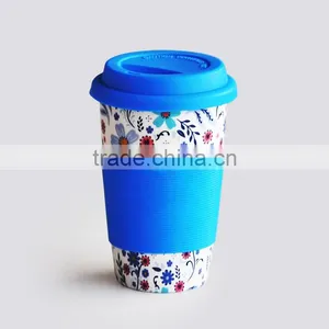 10oz Ceramic V-shape Coffee Mug, With Silicon Lid, With Double Wall thumbnail-1