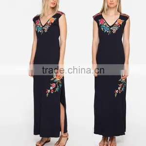 Boho Sleeveless Side Slit Maxi Plus Size Long Embroidered Dress HSd5179 thumbnail-1