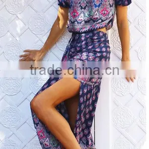 African Kitenge Off Shoulder Printed Two Piece Bohemian Hippie Printed Crop Top and High Side Split Skirt thumbnail-3