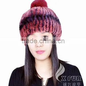 CX-C-58K Hand Knitted Genuine Rex Fur Beanie Hat With Fox Fur Ball thumbnail-5