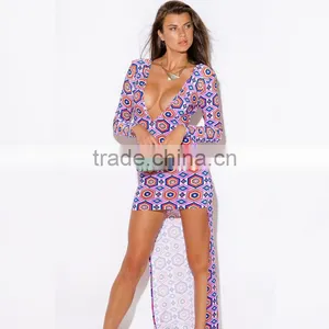 Geometry Print High Low Long Sleeve Maxi Club Cocktail Party Dresses thumbnail-6