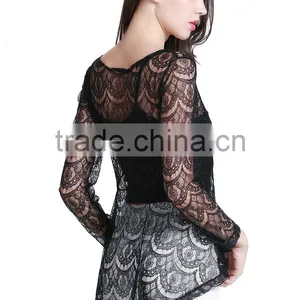 Women's New Style Black Sexy Lace Short Front Long Back Wavy Strip Two Piece Shirt thumbnail-2
