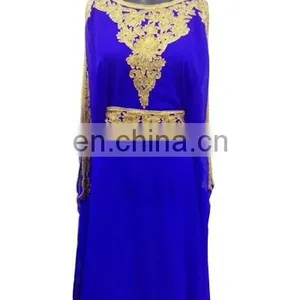 Golden Pattern Blue Wedding Party Wear High Beaded Flower Pattern Farasha With Belt Moroccan Dress Kaftan for Sale thumbnail-1