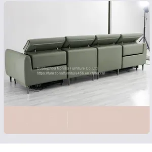 New Straight-Row Three-Seat Leather Sofa Villa Living Room Large-Sized Italian Minimalist Style Functional Sofa Combination thumbnail-3