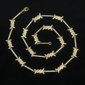 3mm Thin Iced Barbed Wire Necklace Micro Paved Cubic Zirconia Punk Twist Spiked Thorns Charm Link Chain Choker thumbnail-2