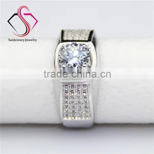 Round Brilliant Cut Moissanite 1CT 6.5mm Center 14k 18k White Gold 4 Row Accents Wide Wedding Band Men's Diamond Band thumbnail-5