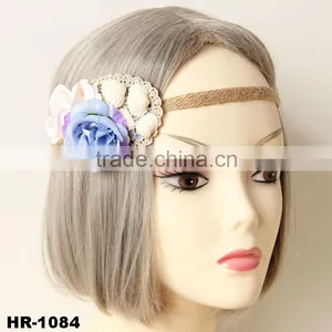Little Fresh Retro Handmade Flowers & Bowknot Hemp Rope Elastic Hair Band Fashion Headband thumbnail-1