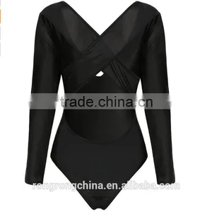 Women V-neck Stretch Bodysuit Sexy Jumpsuit Tops thumbnail-2