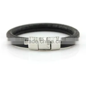Cowskin Bracelets, Stainless Steel Leather Wristbands ,flat Leather Wrap Bangles thumbnail-1