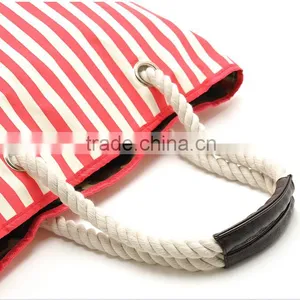 Wholesale Red and White Vertical Stripes Canvas Beach Tote Bag; Red and White Striped Large Canvas Beach Tote Bag thumbnail-2